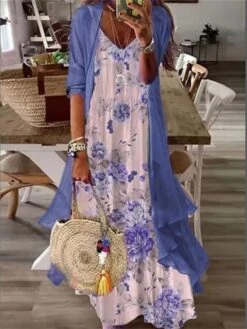 Women's Two Piece Dress Set Casual Dress Print Dress Outdoor Daily Fashion Casual Print Long Dress Maxi Dress Crew Neck 3/4 Length Sleeve Floral Loose Fit Blue Green Summer Spring S M L XL XXL -HANA Luxury Wear Shop pnkslv1687679705017