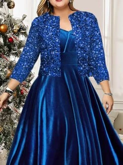Women's Plus Size Two Piece Dress Set Velvet Dress Party Dress Party Wedding Guest Fashion Elegant Sequin Long Dress Maxi Dress V Neck 3/4 Length Sleeve Plain Regular Fit Blue Fall Winter L XL XXL -HANA Luxury Wear Shop pnqonj1697523431553