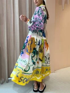 Women's Shirt Dress Casual Dress Swing Dress Midi Dress Outdoor Daily Date Polyester Fashion Modern Shirt Collar Button Pocket Long Sleeve Spring Fall Winter 2023 Loose Fit Yellow Floral Color Block -HANA Luxury Wear Shop ponvlh1692267223700