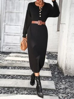 Women's Sweater Dress Winter Dress Jumper Dress Midi Dress Button Daily Date Going Out Fashion Basic Crew Neck Long Sleeve 2023 Loose Fit Black White Purple Color S M L XL Size -HANA Luxury Wear Shop poubnx1691991574807