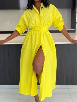 Women's Shirt Dress Midi Dress Outdoor Office Daily Polyester Fashion Romantic Shirt Collar Button Long Sleeve Summer Spring Fall 2023 Slim Yellow Pink Plain S M L XL -HANA Luxury Wear Shop pouole1697597598685