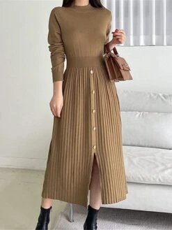 Women's Sweater Dress Winter Dress Jumper Dress Midi Dress Pleated Button Daily Date Going Out Fashion Basic Crew Neck Long Sleeve 2023 Slim Black Brown Green Color S M L XL Size -HANA Luxury Wear Shop ppfyoe1692687926696