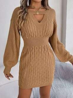Women's Sweater Dress Jumper Dress Casual Dress Mini Dress Fashion Pure Color Outdoor Daily Going Out Crew Neck Long Sleeve Cut Out 2023 Loose Fit Wine Khaki Gray S M L -HANA Luxury Wear Shop ppvkkr1695643837440