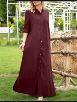 Women's Shirt Dress Casual Dress Maxi Long Dress Outdoor Daily Vacation Polyester Fashion Casual Shirt Collar Button Long Sleeve Summer Spring Fall 2023 Loose Fit Wine Navy Blue Green Plain S M L XL -HANA Luxury Wear Shop ppzpqr1689737494809