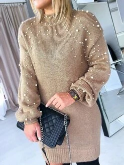 Women's Sweater Dress Winter Dress Jumper Dress Mini Dress Pearl Daily Date Going Out Active Fashion Crew Neck Long Sleeve 2023 Loose Fit Khaki Army Green Gray Color S M L XL XXL Size -HANA Luxury Wear Shop priobm1695034412694