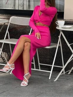 Women's Two Piece Dress Set Casual Dress Skirt Set Daily Going Out Casual Split Midi Dress V Neck Long Sleeve Plain Slim Blue Rose Red Fall S M L -HANA Luxury Wear Shop pszjhz1693534949597