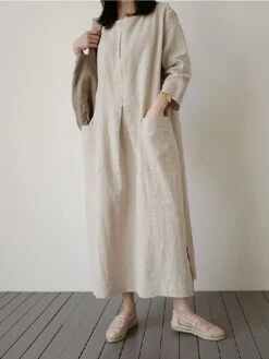 Women's Casual Dress Cotton Linen Dress Maxi Long Dress Linen / Cotton Blend Basic Classic Outdoor Daily Vacation Crew Neck Pocket Split 3/4 Length Sleeve Spring Fall Autumn 2023 Loose Fit Red Apricot -HANA Luxury Wear Shop ptidwl1692872470258