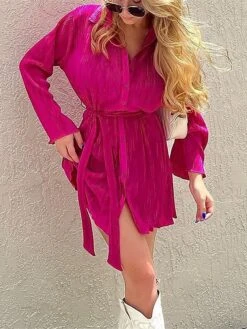 Women's Shirt Dress Casual Dress Mini Dress Outdoor Daily Vacation Polyester Fashion Modern Shirt Collar Lace Up Button Long Sleeve Spring Fall 2023 Loose Fit ArmyGreen Black Dark Pink Floral Pure -HANA Luxury Wear Shop ptrsnt1693226800972