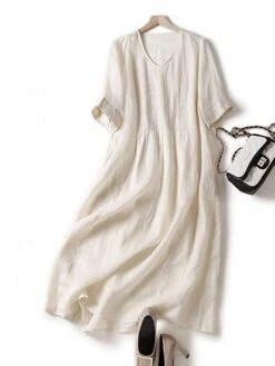 Women's Casual Dress Cotton Linen Dress White Dress Midi Dress Cotton Blend Basic Casual Outdoor Vacation V Neck Ruched Half Sleeve Summer Spring Fall 2023 Loose Fit White Green Apricot Pure Color M -HANA Luxury Wear Shop ptukug1682564018865