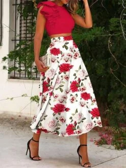 Women's Dress Set Two Piece Dress Skirt Set Midi Dress Pink Blue Sleeveless Floral Ruffle Summer Spring Crew Neck Elegant 2023 S M L XL