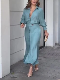 Women's Shirt Dress Casual Dress Sheath Dress Maxi Long Dress Outdoor Office Daily Polyester Fashion Modern Shirt Collar Button Long Sleeve Summer Spring Fall 2023 Loose Fit White Pink Blue Plain S M -HANA Luxury Wear Shop puicpp1683716780949