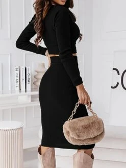 Women's Two Piece Dress Set Casual Dress Skirt Set Outdoor Daily Fashion Sexy Ribbed Midi Dress Crew Neck Long Sleeve Plain Regular Fit Black Wine Green Fall Winter S M L XL -HANA Luxury Wear Shop puotfm1695268226748