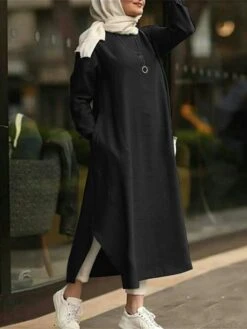 Women's Casual Dress Cotton Linen Dress Abaya Maxi Long Dress Linen / Cotton Blend Classic Casual Outdoor Daily Vacation Crew Neck Pocket Split Long Sleeve Spring Fall Winter 2023 Loose Fit ArmyGreen -HANA Luxury Wear Shop pwdczu1692340971055