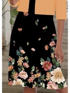 Women's Dress Set Two Piece Dress A Line Dress Midi Dress Pink Orange Half Sleeve Floral Ruched Fall Winter Autumn Crew Neck Sexy 2023 S M L XL XXL 3XL -HANA Luxury Wear Shop pwjjnv1672370169957