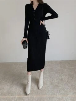 Women‘s Sweater Dress Winter Dress Sheath Dress Midi Dress Black White Green Long Sleeve Pure Color Button Fall Winter Autumn V Neck Stylish Winter Dress Fall Dress 2023 One-Size -HANA Luxury Wear Shop pwnctj1665656618636