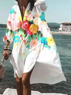 Women's Shirt Dress Casual Dress Swing Dress Maxi Long Dress Outdoor Winter Dress Daily Polyester Vacation Casual Shirt Collar High Low Dress Print Long Sleeve Spring Fall Winter 2023 Loose Fit White -HANA Luxury Wear Shop pwrulb1659593524318