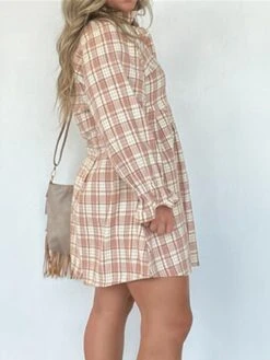 Women's Shirt Dress Casual Dress Mini Dress Outdoor Daily Vacation Polyester Fashion Modern Shirt Collar Button Pocket Long Sleeve Spring Fall Winter 2023 Loose Fit Pink Plaid S M L XL 2XL -HANA Luxury Wear Shop pwskqo1695027663185