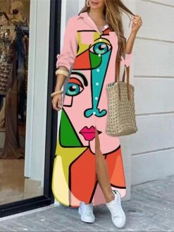 Women's Shirt Dress Casual Dress Maxi Long Dress Outdoor Daily Polyester Fashion Hot Shirt Collar Button Print Long Sleeve Summer Spring Fall 2023 Regular Fit ArmyGreen Black Pink Geometric Abstract -HANA Luxury Wear Shop pxaxkh1689054961180