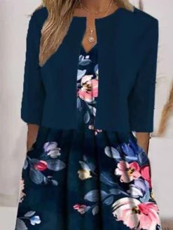 Women's Two Piece Dress Set Casual Dress Print Dress Daily Vacation Fashion Streetwear Pocket Print Midi Dress V Neck Half Sleeve Floral Regular Fit Navy Blue Summer Spring S M L XL XXL -HANA Luxury Wear Shop pxeicp1684480309086