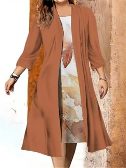 Women's Plus Size Two Piece Dress Set Casual Dress Swing Dress Outdoor Office Fashion Streetwear Print Midi Dress Crew Neck 3/4 Length Sleeve Leaf Regular Fit Blue Camel Brown Fall Winter L XL XXL -HANA Luxury Wear Shop pxlbah1697695357640