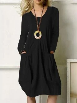 Women's Casual Dress Cotton Linen Dress Midi Dress Cotton Blend Stylish Basic Outdoor Winter Dress Daily Round Neck Ruched Pocket Long Sleeve Summer Spring Fall 2023 Regular Fit Black Orange Green -HANA Luxury Wear Shop pxpfeq1659940685555