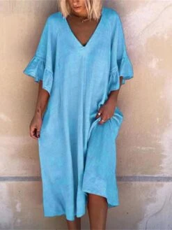 Women's Casual Dress Cotton Linen Dress Swing Dress Midi Dress Cotton Blend Basic Casual Outdoor Daily V Neck Ruffle Patchwork Half Sleeve Summer Spring 2023 Loose Fit Light Blue Pink Blue Plain S M -HANA Luxury Wear Shop pycdla1681469609260