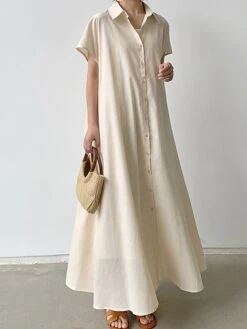 Women's Shirt Dress Casual Dress Maxi Long Dress Outdoor Daily Cotton Linen Basic Classic Shirt Collar Button Short Sleeve Summer Spring 2023 Loose Fit Navy Blue Brown Green Pure Color S M L XL XXL -HANA Luxury Wear Shop pyiiwa1688542118938