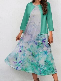 Women's Two Piece Dress Set Casual Dress Swing Dress Outdoor Office Fashion Streetwear Print Midi Dress Crew Neck 3/4 Length Sleeve Floral Ombre Regular Fit Pink Blue Purple Fall Winter S M L XL XXL -HANA Luxury Wear Shop pyqrvt1697681154771