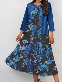 Women's Two Piece Dress Set Casual Dress Swing Dress Outdoor Office Fashion Streetwear Print Midi Dress Crew Neck 3/4 Length Sleeve Floral Regular Fit Navy Blue Royal Blue Blue Fall Winter S M L XL -HANA Luxury Wear Shop pyqzrq1697770544698