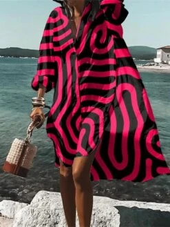 Women's Shirt Dress Casual Dress Swing Dress Midi Dress Outdoor Winter Dress Daily Polyester Modern Casual Shirt Collar High Low Dress Print Long Sleeve Summer Spring Fall 2023 Loose Fit Red Green -HANA Luxury Wear Shop pyzayq1659942337080