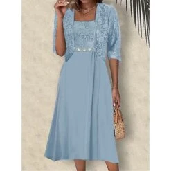 Women's Two Piece Dress Set Party Dress Lace Dress Party Wedding Guest Elegant Modern Lace Patchwork Midi Dress Crew Neck Half Sleeve Floral Plain Regular Fit Pink Blue Purple Summer Spring S M L XL -HANA Luxury Wear Shop pzfcbw1687230637897