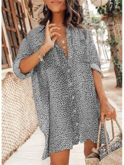 Women's Shirt Dress Short Mini Dress Light Blue Long Sleeve Leopard Button Spring Summer Shirt Collar Stylish Casual Sexy Lantern Sleeve Boom Sale Dress XXL -HANA Luxury Wear Shop pzolpb1616406151983