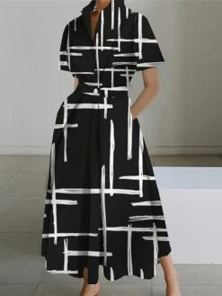 Women's Shirt Dress Casual Dress Swing Dress Maxi Long Dress Outdoor Office Daily Polyester Fashion Modern Shirt Collar Button Pocket Short Sleeve Summer Spring 2023 Loose Fit Black White Pink -HANA Luxury Wear Shop pzorfn1689925570731