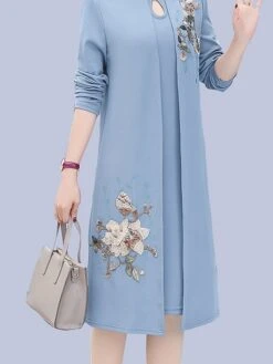 Women's Two Piece Dress Set Print Dress Outdoor Vacation Casual Print Midi Dress Stand Collar Long Sleeve Floral Loose Fit Pink Wine Blue Fall Winter XL XXL XXXL 4XL 5XL -HANA Luxury Wear Shop pzpczx1675853177162