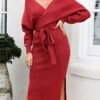 Women‘s Christmas Sweater Dress Jumper Dress Winter Dress Fashion Outdoor Christmas Street Daily V Neck Long Sleeve Lace Up Split 2023 Slim Black Red Fuchsia S M L XL