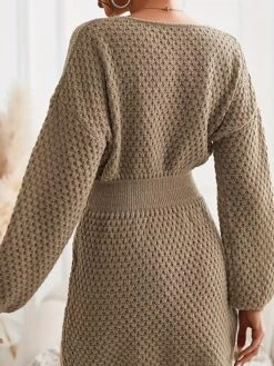 Women's Sweater Dress Jumper Dress Casual Dress Mini Dress Warm Pure Color Outdoor Casual Daily Going Out V Neck Long Sleeve 2023 Loose Fit Camel S M L -HANA Luxury Wear Shop qaiqno1695643815096