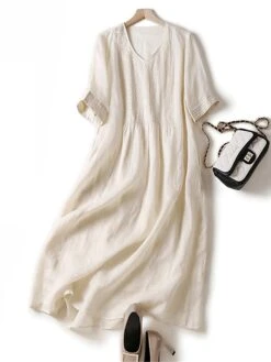 Women's Casual Dress Cotton Linen Dress Midi Dress Linen Basic Classic Outdoor Daily Vacation V Neck Pocket Half Sleeve Fall Autumn 2023 Loose Fit White Navy Blue Purple Plain M L XL 2XL -HANA Luxury Wear Shop qaoakd1693202599289