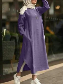 Women's Casual Dress Cotton Linen Dress Abaya Maxi Long Dress Linen / Cotton Blend Classic Casual Outdoor Daily Vacation Crew Neck Pocket Split Long Sleeve Spring Fall Winter 2023 Loose Fit ArmyGreen -HANA Luxury Wear Shop qbeaay1692340973225