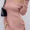 Women's Sweater Dress Winter Dress Jumper Dress Mini Dress Lace Up Ruched Outdoor Street Daily Active Fashion U Neck Long Sleeve 2023 Regular Fit Black Pink Purple Color S M L XL XXL Size -HANA Luxury Wear Shop qbqhke1694679914038