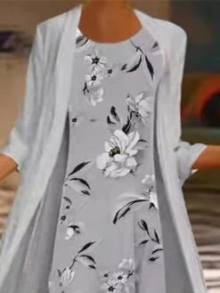 Women's Dress Set Two Piece Dress Chiffon Dress Midi Dress Gray 3/4 Length Sleeve Floral Chiffon Summer Spring Crew Neck Stylish Loose Fit 2023 S M L XL XXL -HANA Luxury Wear Shop qceusf1645181951255