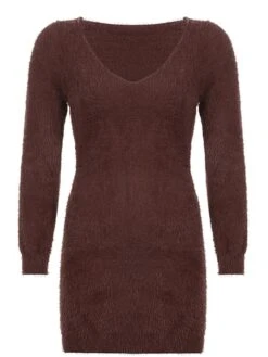Women's Sweater Dress Winter Dress Jumper Dress Mini Dress Ruched Outdoor Street Daily Active Fashion V Neck Long Sleeve 2023 Slim Black Brown Color S M L Size -HANA Luxury Wear Shop qcnuqs1692862198636