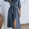 Women's Shirt Dress Casual Dress Midi Dress Outdoor Daily Date Polyester Basic Classic Shirt Collar Lace Up Button Long Sleeve Spring Fall Winter 2023 Loose Fit Navy Blue Pure Color S M L XL