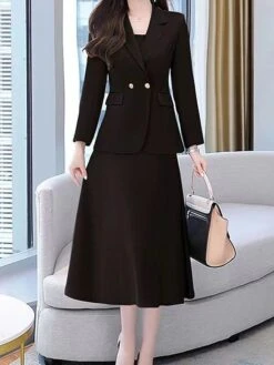 Women's Two Piece Dress Set Work Dress Skirt Set Formal Office Streetwear Elegant Button Pocket Midi Dress Shirt Collar Long Sleeve Plain Regular Fit Black Purple Beige Fall Winter M L XL XXL 3XL -HANA Luxury Wear Shop qcynxo1694498846782