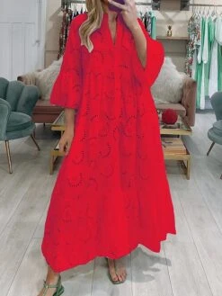 Women's Shirt Dress Casual Dress Swing Dress Maxi Long Dress Outdoor Daily Vacation Cotton Fashion Modern Split Neck Lace Button 3/4 Length Sleeve Summer Spring Fall 2023 Loose Fit White Yellow Red -HANA Luxury Wear Shop qdbrnt1691751744528