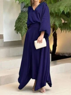Women's Two Piece Dress Set Casual Dress Skirt Set Daily Date Streetwear Elegant Pocket Long Dress Maxi Dress Shirt Collar Long Sleeve Plain Loose Fit Black Wine Blue Fall Winter S M L XL XXL -HANA Luxury Wear Shop qdkutq1694085333424