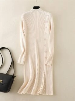 Women's Sweater Dress Jumper Dress Winter Dress Mini Dress Warm Plain Outdoor Daily Vacation Going Out Turtleneck Long Sleeve Button 2023 Slim Black Brown Khaki One Size -HANA Luxury Wear Shop qekicm1697767799335