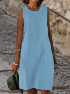 Women's Casual Dress Cotton Dress Shift Dress Midi Dress Cotton Blend Fashion Basic Outdoor Daily Vacation U Neck Pocket Sleeveless Summer Spring Fall 2023 Loose Fit Light Blue Black White Plain S M -HANA Luxury Wear Shop qeqrzd1689566072235