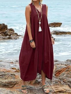 Women's Casual Dress Cotton Dress Swing Dress Maxi Long Dress Cotton Blend Basic Classic Outdoor Daily V Neck Pocket Sleeveless Summer Spring 2023 Regular Fit Black Wine Khaki Plain S M L XL 2XL -HANA Luxury Wear Shop qezdfn1686713212789