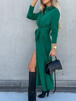 Women's Shirt Dress Shift Dress Swing Dress Maxi Long Dress Winter Dress Daily Holiday Polyester Elegant Classic Shirt Collar Button With Belt Long Sleeve Spring Fall Winter 2023 Regular Fit Black -HANA Luxury Wear Shop qfbqvk1663559807702