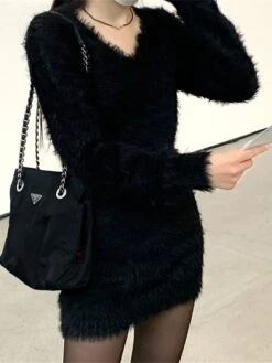 Women's Sweater Dress Winter Dress Jumper Dress Mini Dress Ruched Outdoor Street Daily Active Fashion V Neck Long Sleeve 2023 Slim Black Brown Color S M L Size -HANA Luxury Wear Shop qfobfz1692862197450